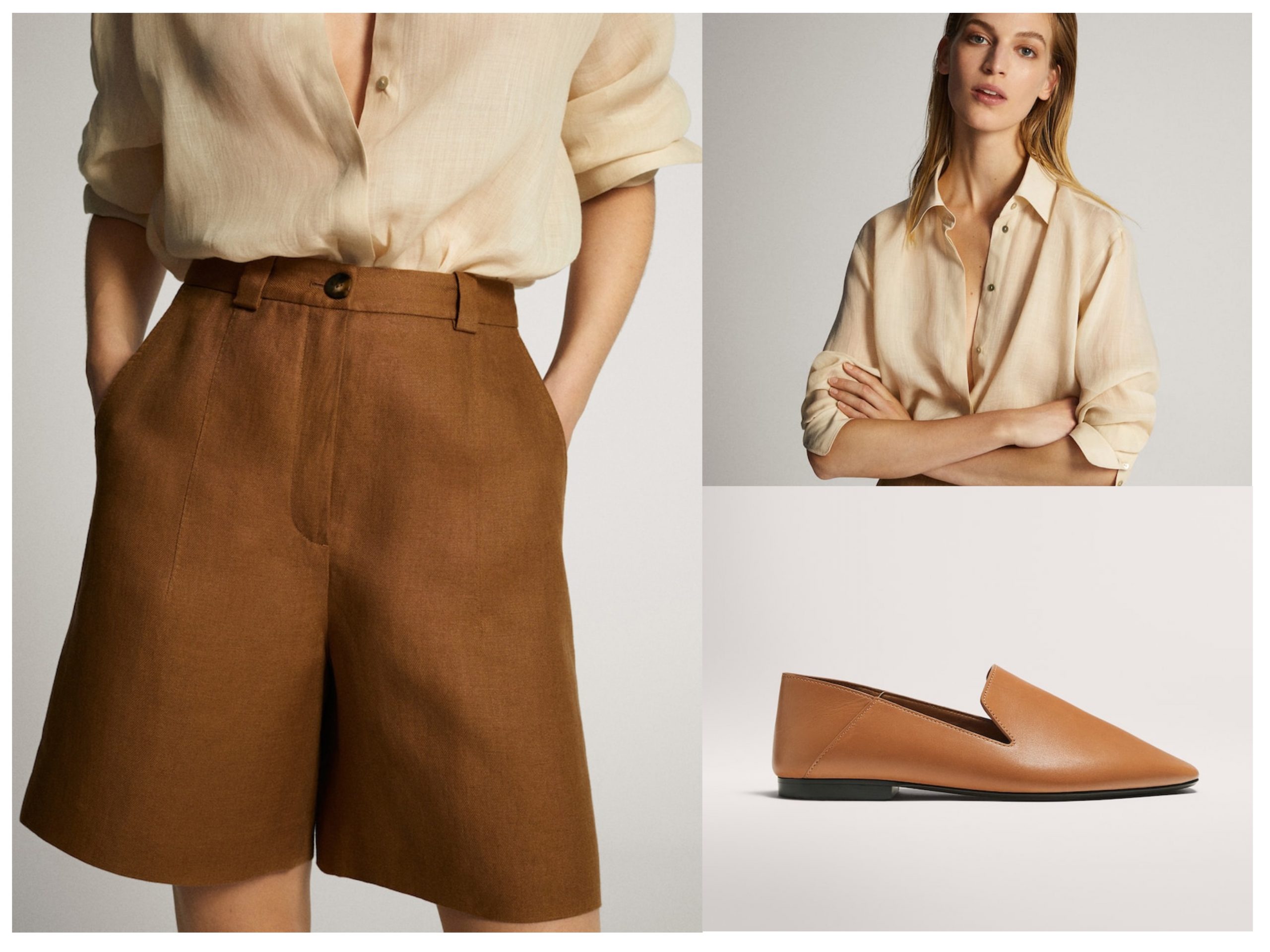 Look de oficina de productos rebajados de Massimo Dutti, cuenta con bermudas marrones de lino, zapatos planos de piel y camisa con botones.