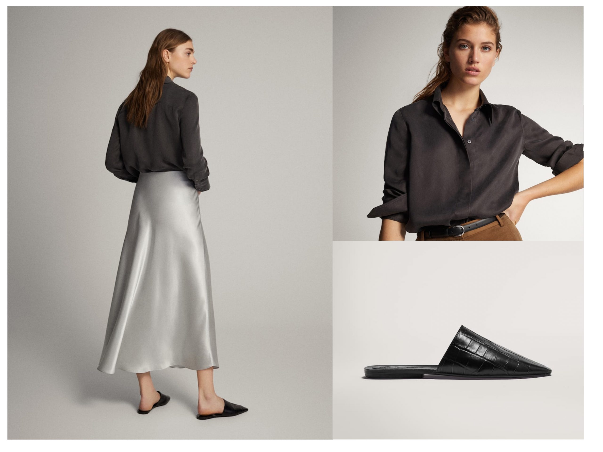 Total look de Massimo Dutti con productos rebajados, cuenta con sandalias planas, una falda color plateado y una camisa negra abotonada estilo seda.