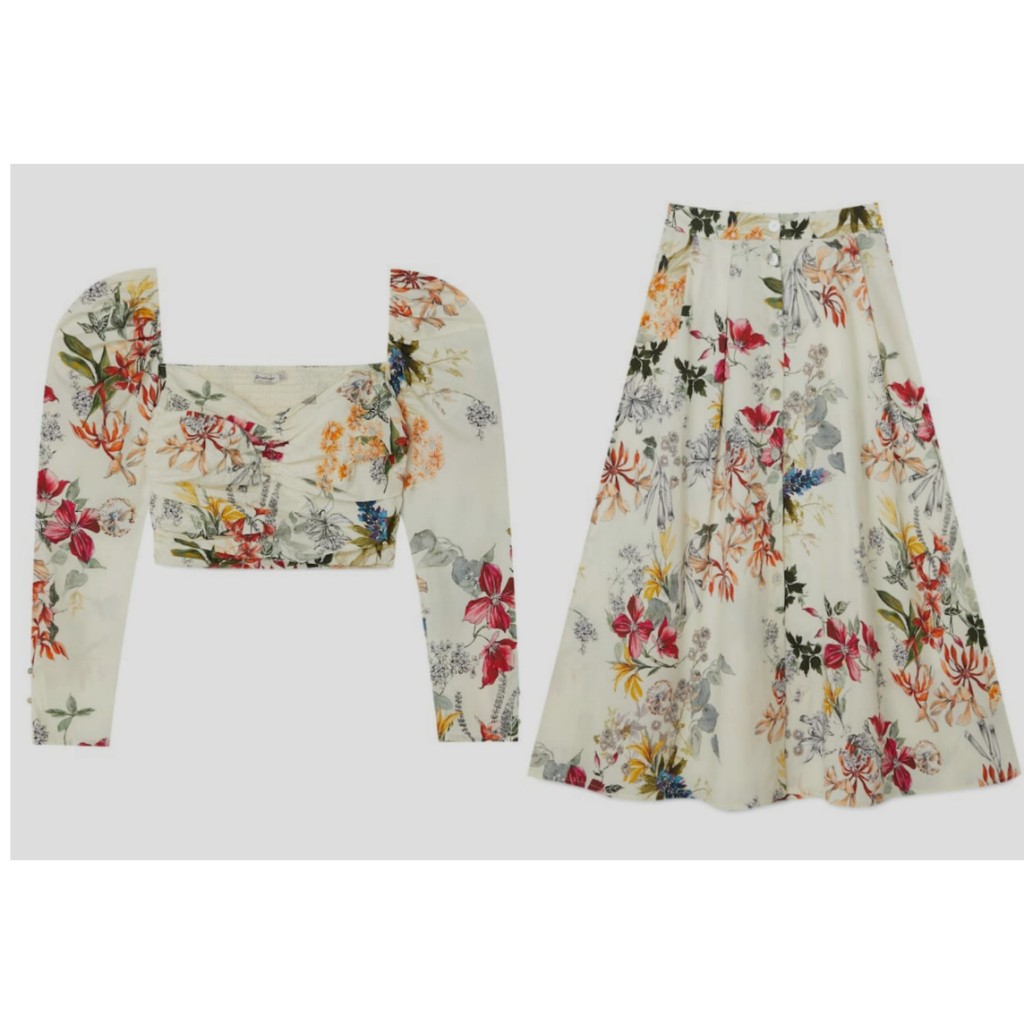 Conjunto falda midi y crop top estampado floral