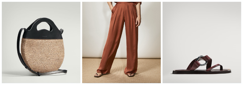 Propuesta de look formado por bolso bandolera combinado con piel, pantalones fluidos y sandalias planas con hebilla de Massimo Dutti.