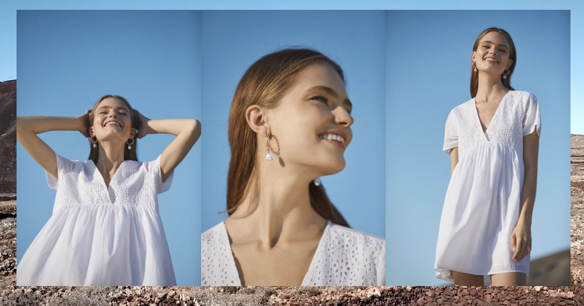 Look de la firma Lefties, modelo luciendo un vestido corto de color blanco con detalles de encaje en la parte superior y pendientes de aro con perla.